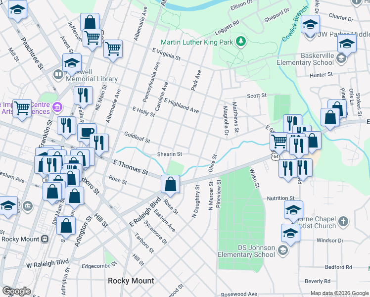 map of restaurants, bars, coffee shops, grocery stores, and more near 700-710 Argus Place in Rocky Mount