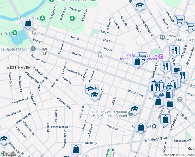 map of restaurants, bars, coffee shops, grocery stores, and more near 118 South Tillery Street in Rocky Mount