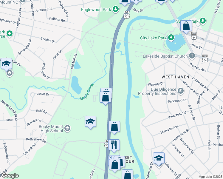 map of restaurants, bars, coffee shops, grocery stores, and more near 481-509 South Wesleyan Boulevard in Rocky Mount