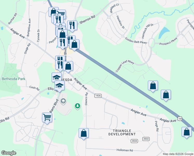 map of restaurants, bars, coffee shops, grocery stores, and more near 2052 U.S. 70 in Durham