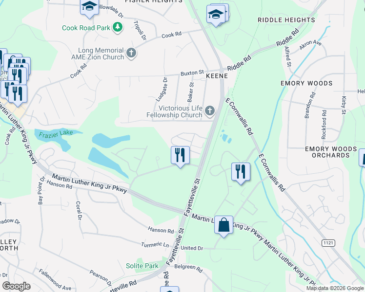 map of restaurants, bars, coffee shops, grocery stores, and more near 4302 Fayetteville Road in Durham