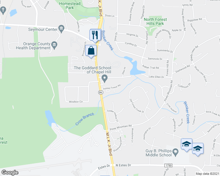 map of restaurants, bars, coffee shops, grocery stores, and more near 282 Ashley Forest Road in Chapel Hill