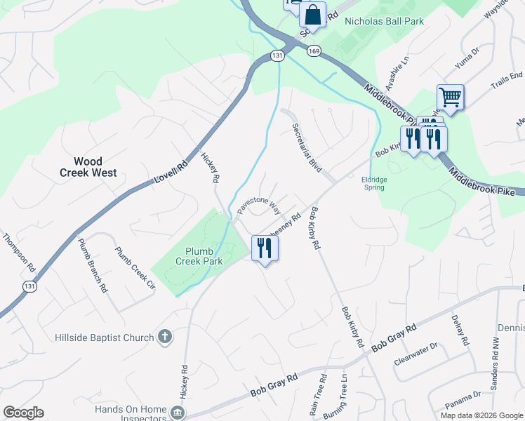 map of restaurants, bars, coffee shops, grocery stores, and more near 10059 Greylock Way in Knoxville
