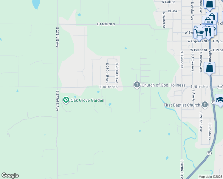 map of restaurants, bars, coffee shops, grocery stores, and more near 27998 East 150th Place South in Coweta