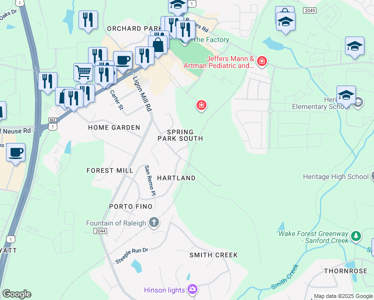 map of restaurants, bars, coffee shops, grocery stores, and more near 1704 Gwen Drive in Wake Forest