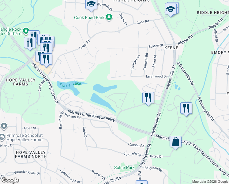map of restaurants, bars, coffee shops, grocery stores, and more near 100 Stratford Lakes Drive in Durham