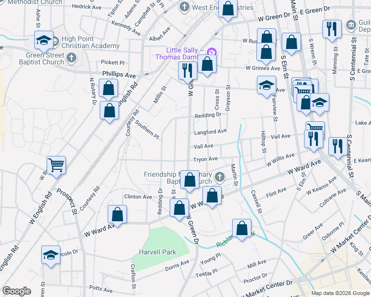 map of restaurants, bars, coffee shops, grocery stores, and more near 1012 West Green Drive in High Point