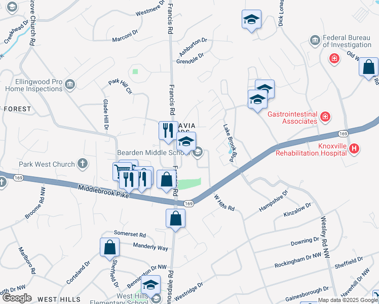 map of restaurants, bars, coffee shops, grocery stores, and more near 1000 Francis Road in Knoxville