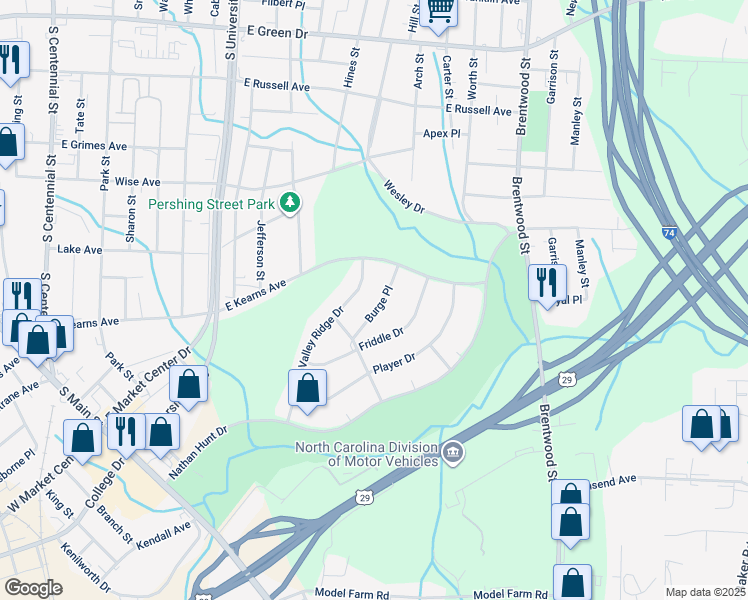 map of restaurants, bars, coffee shops, grocery stores, and more near 413 Burge Place in High Point