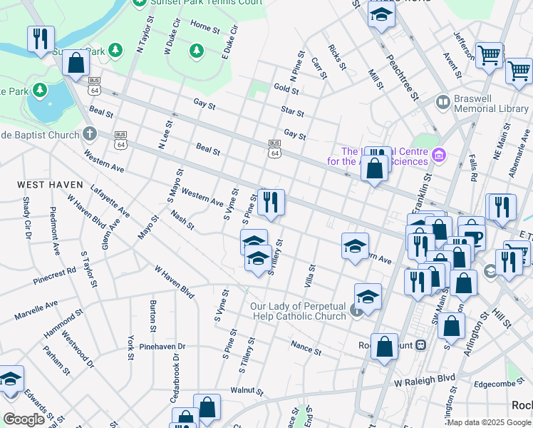 map of restaurants, bars, coffee shops, grocery stores, and more near 118 South Tillery Street in Rocky Mount