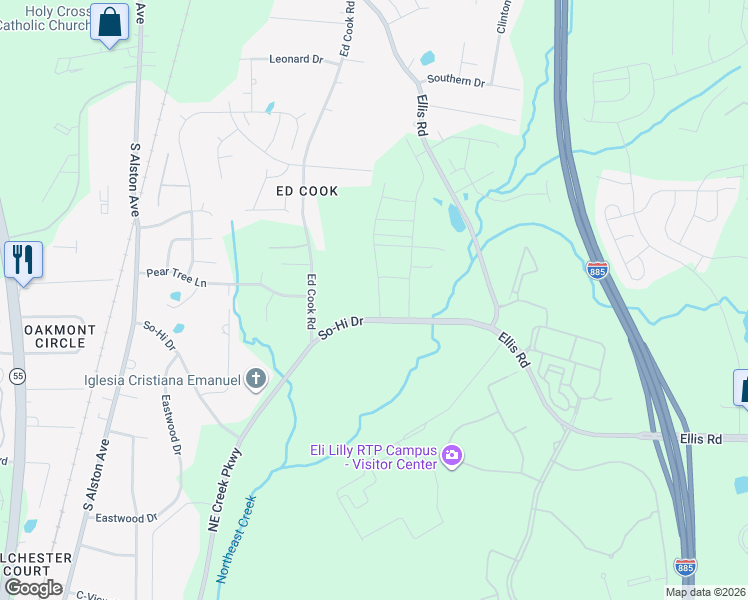 map of restaurants, bars, coffee shops, grocery stores, and more near 122 Zante Currant Road in Durham