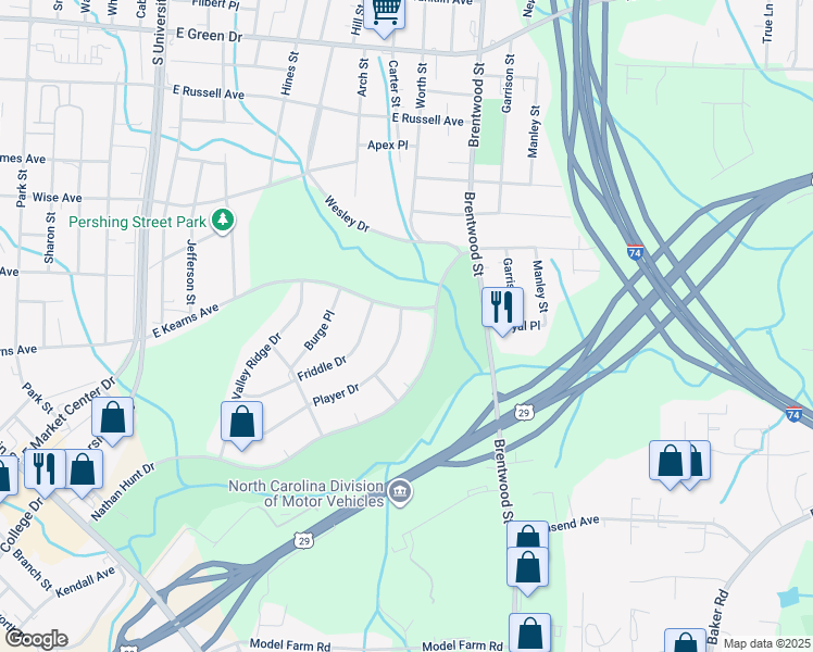 map of restaurants, bars, coffee shops, grocery stores, and more near 520 Player Drive in High Point