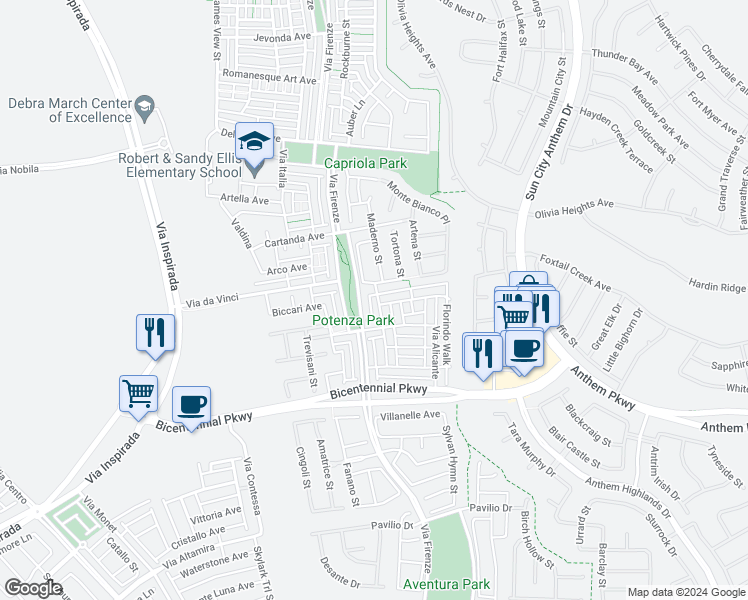 map of restaurants, bars, coffee shops, grocery stores, and more near 2330 Via Firenze in Henderson