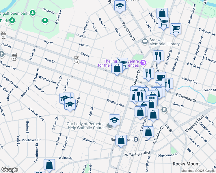 map of restaurants, bars, coffee shops, grocery stores, and more near 512 Sunset Avenue in Rocky Mount