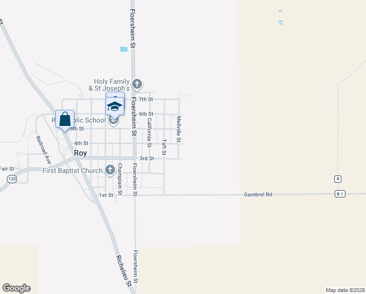 map of restaurants, bars, coffee shops, grocery stores, and more near 455 Mellville Street in Roy