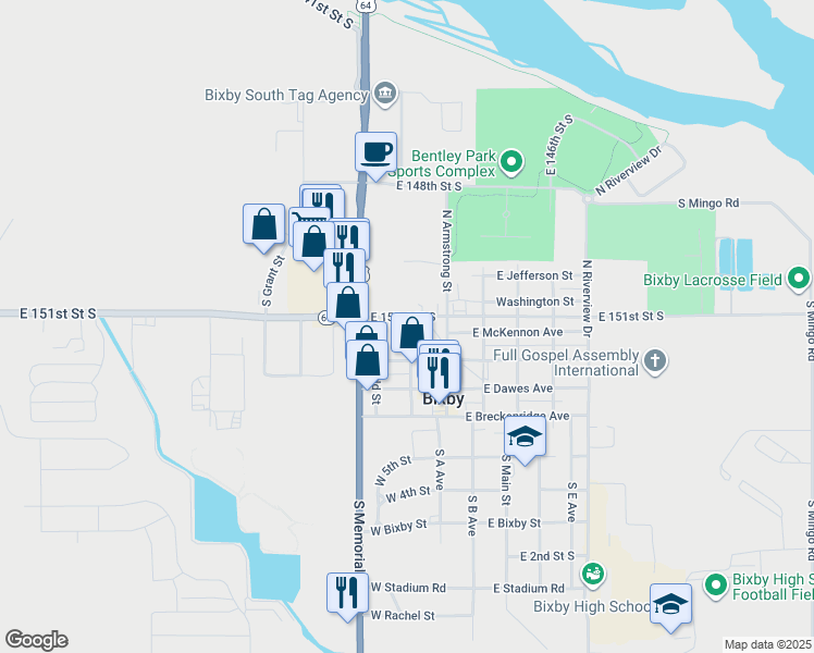map of restaurants, bars, coffee shops, grocery stores, and more near 101 West McKennon Avenue in Bixby