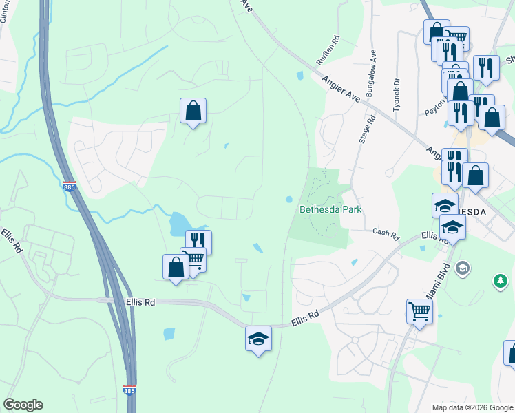 map of restaurants, bars, coffee shops, grocery stores, and more near 1405 Wrenn Road in Durham