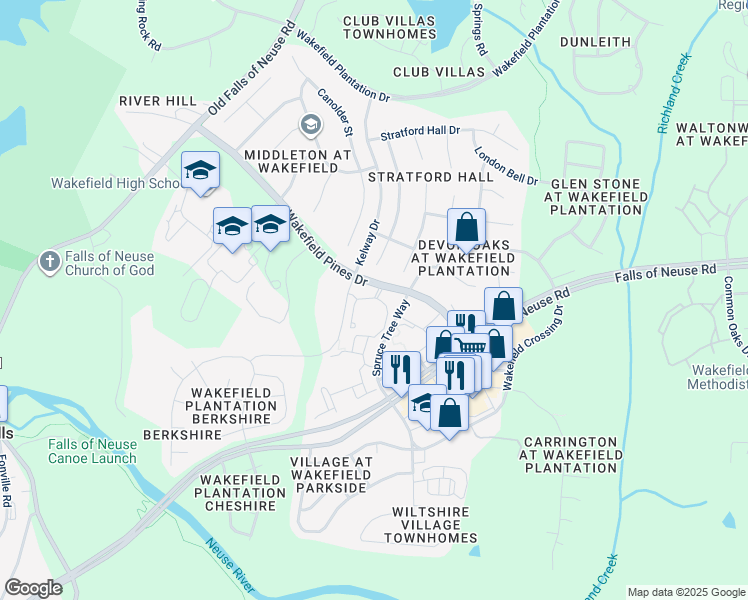 map of restaurants, bars, coffee shops, grocery stores, and more near 12200 Oakwood View Drive in Raleigh