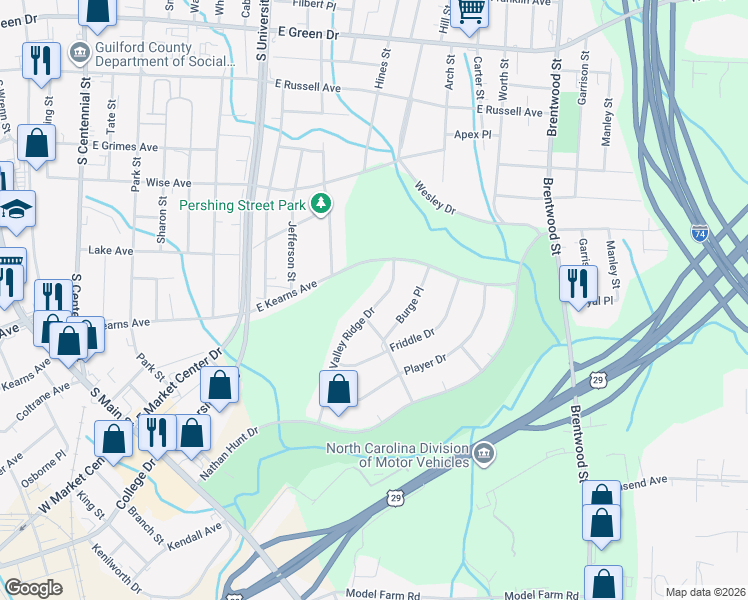 map of restaurants, bars, coffee shops, grocery stores, and more near 1416 Valley Ridge Drive in High Point