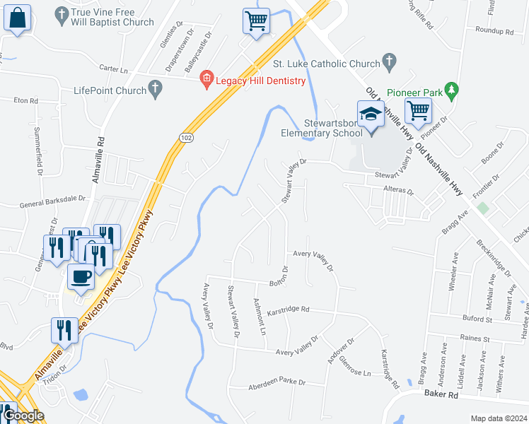 map of restaurants, bars, coffee shops, grocery stores, and more near 901 Stewart Valley Drive in Smyrna