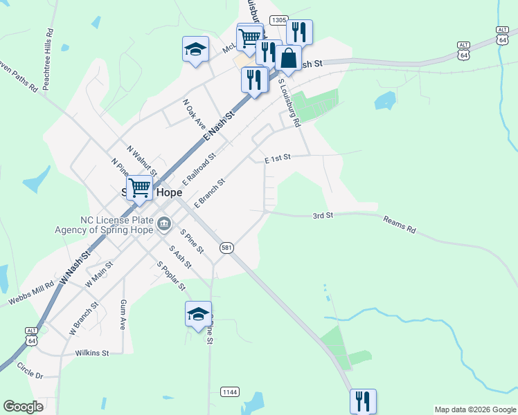 map of restaurants, bars, coffee shops, grocery stores, and more near 307 2nd Street in Spring Hope