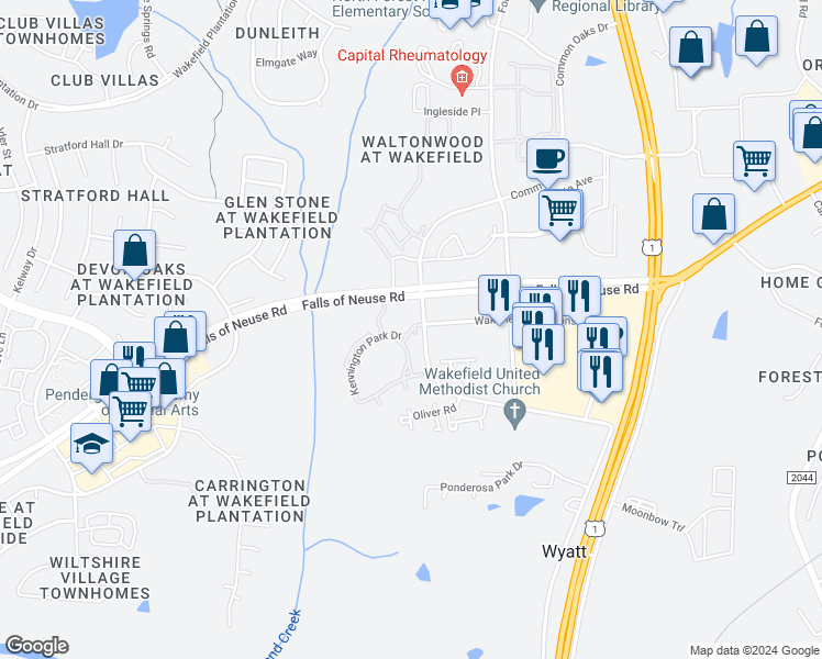 map of restaurants, bars, coffee shops, grocery stores, and more near 14149 Chriswick House Lane in Raleigh