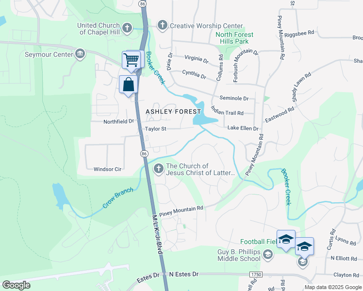 map of restaurants, bars, coffee shops, grocery stores, and more near 342 Ashley Forest Road in Chapel Hill