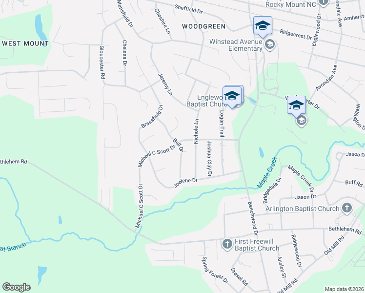 map of restaurants, bars, coffee shops, grocery stores, and more near 801 Bell Drive in Rocky Mount
