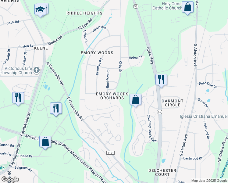 map of restaurants, bars, coffee shops, grocery stores, and more near 3209 Kirby St in Durham