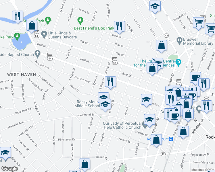 map of restaurants, bars, coffee shops, grocery stores, and more near 822 Western Avenue in Rocky Mount