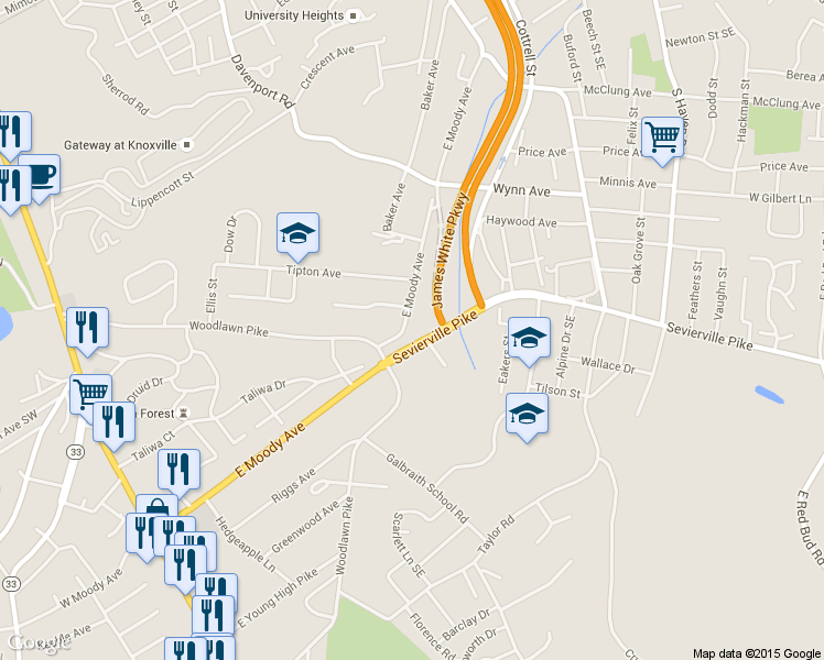 map of restaurants, bars, coffee shops, grocery stores, and more near 936 East Moody Avenue in Knoxville