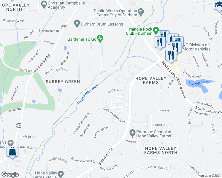 map of restaurants, bars, coffee shops, grocery stores, and more near 350 Red Elm Drive in Durham
