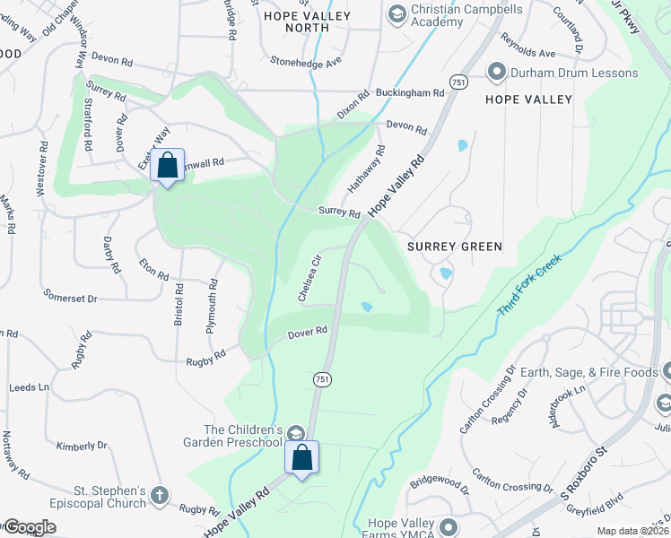 map of restaurants, bars, coffee shops, grocery stores, and more near 3724 Hope Valley Road in Durham