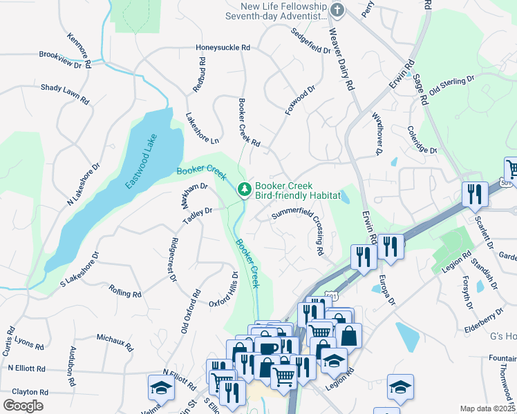 map of restaurants, bars, coffee shops, grocery stores, and more near 2210 Daley Road in Chapel Hill