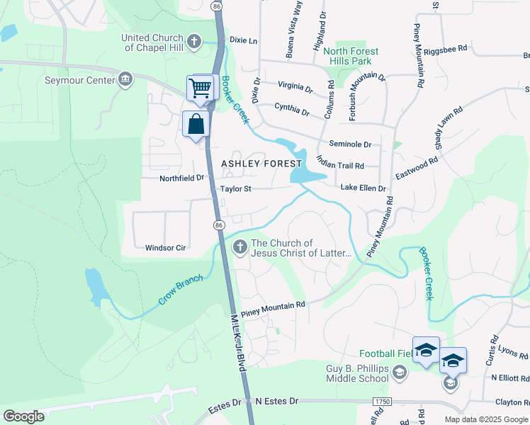 map of restaurants, bars, coffee shops, grocery stores, and more near 342 Ashley Forest Road in Chapel Hill