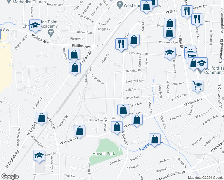 map of restaurants, bars, coffee shops, grocery stores, and more near 328 Ennis Street in High Point