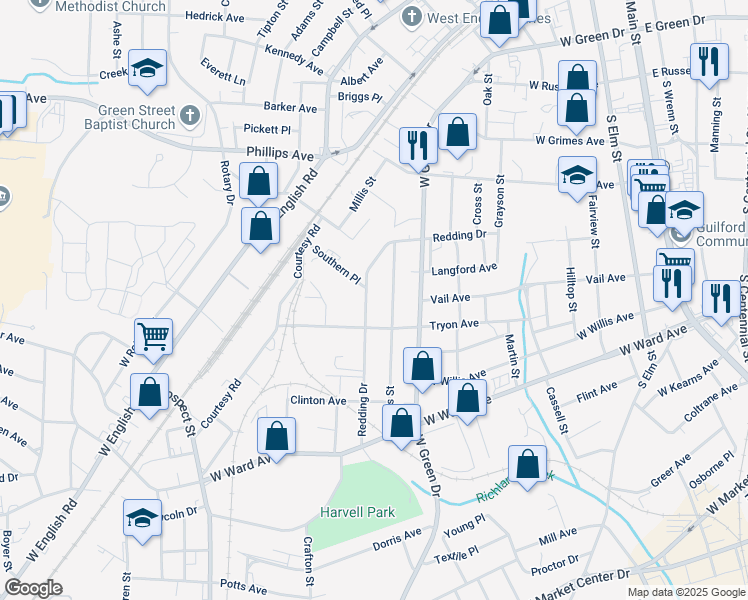 map of restaurants, bars, coffee shops, grocery stores, and more near 1105 Redding Drive in High Point