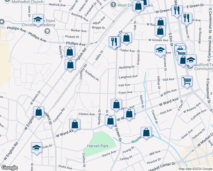 map of restaurants, bars, coffee shops, grocery stores, and more near 328 Ennis Street in High Point
