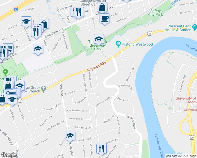 map of restaurants, bars, coffee shops, grocery stores, and more near 442 Hillvale Turn East Southwest in Knoxville