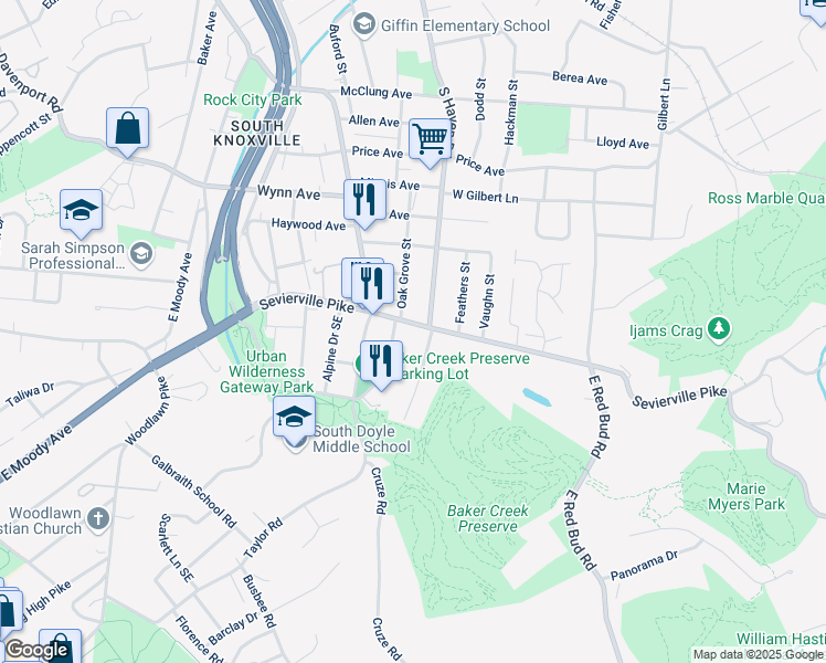 map of restaurants, bars, coffee shops, grocery stores, and more near 3805 Sevierville Pike in Knoxville