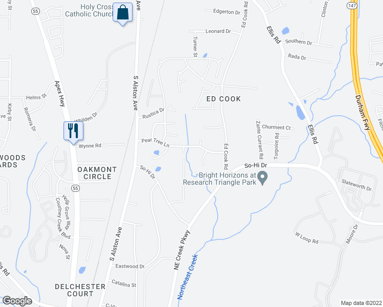 map of restaurants, bars, coffee shops, grocery stores, and more near 2701 Enfield Drive in Durham