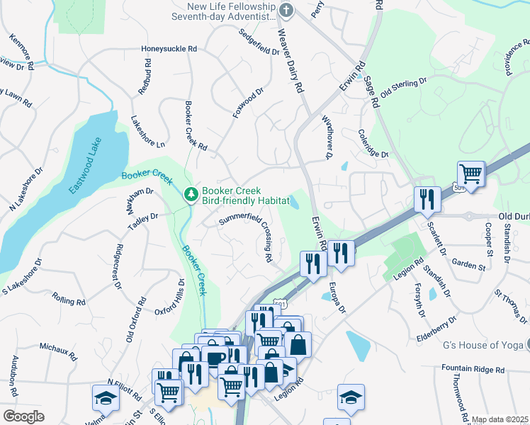 map of restaurants, bars, coffee shops, grocery stores, and more near 135 Berry Patch Lane in Chapel Hill