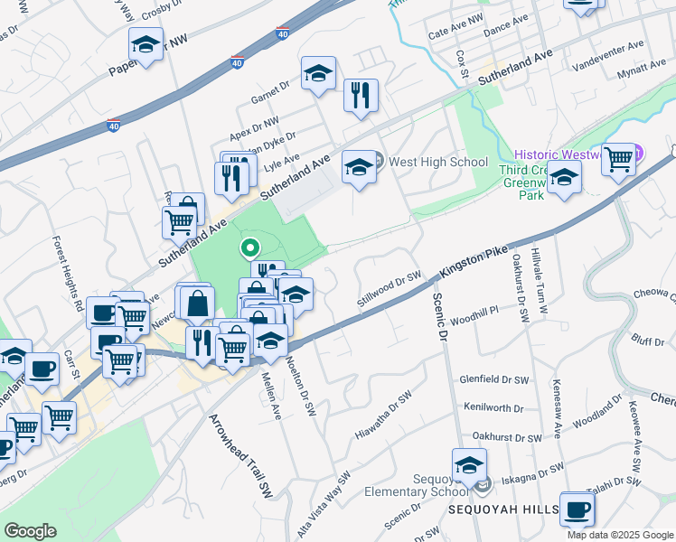 map of restaurants, bars, coffee shops, grocery stores, and more near 228 Sequoyah Gardens Way in Knoxville