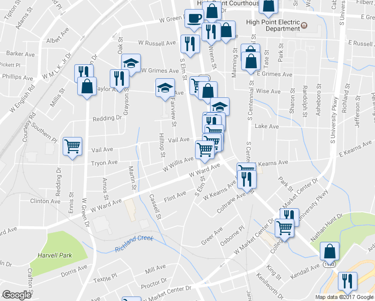 map of restaurants, bars, coffee shops, grocery stores, and more near 710 South Elm Street in High Point