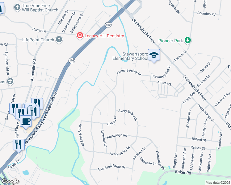 map of restaurants, bars, coffee shops, grocery stores, and more near 1318 Bolton Drive in Smyrna