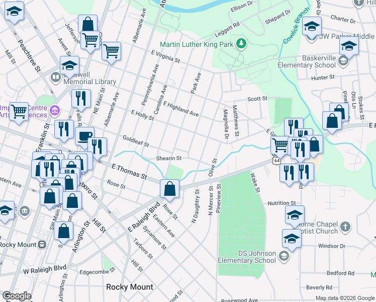 map of restaurants, bars, coffee shops, grocery stores, and more near 700 Argus Place in Rocky Mount