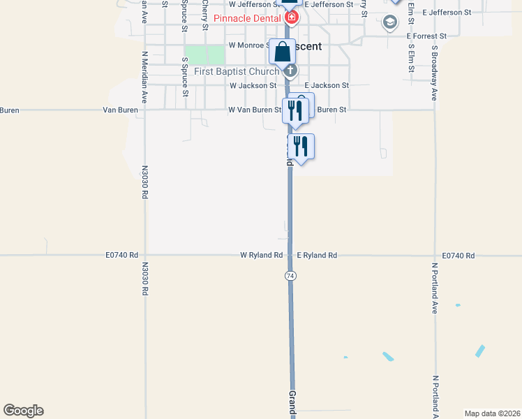 map of restaurants, bars, coffee shops, grocery stores, and more near 501 South Grand Street in Crescent