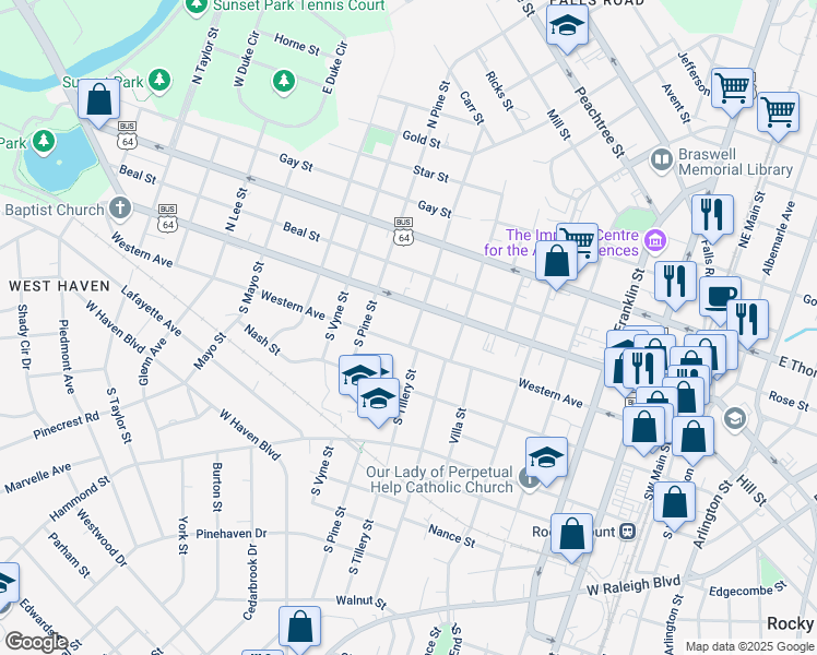 map of restaurants, bars, coffee shops, grocery stores, and more near 118 South Tillery Street in Rocky Mount