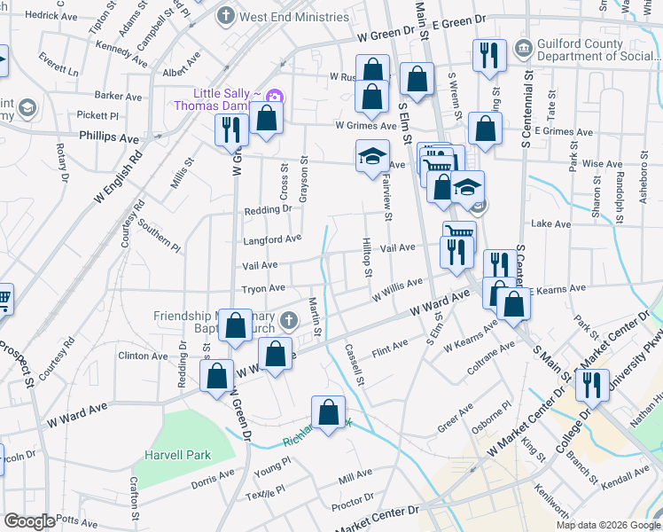 map of restaurants, bars, coffee shops, grocery stores, and more near 811 Cassell Street in High Point
