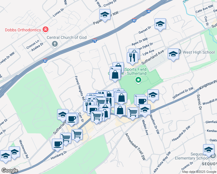 map of restaurants, bars, coffee shops, grocery stores, and more near 3818 Sutherland Avenue in Knoxville